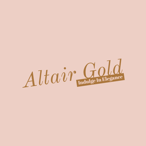 Altair Gold logo: The text 'Altair Gold' in a larger font positioned above the caption 'Indulge in Elegance' in a smaller font, both set against a light pink background with a stylized golden rope design