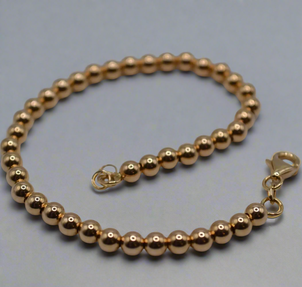 14K Gold Bead Bracelet – 7", Lightweight Hollow Beads