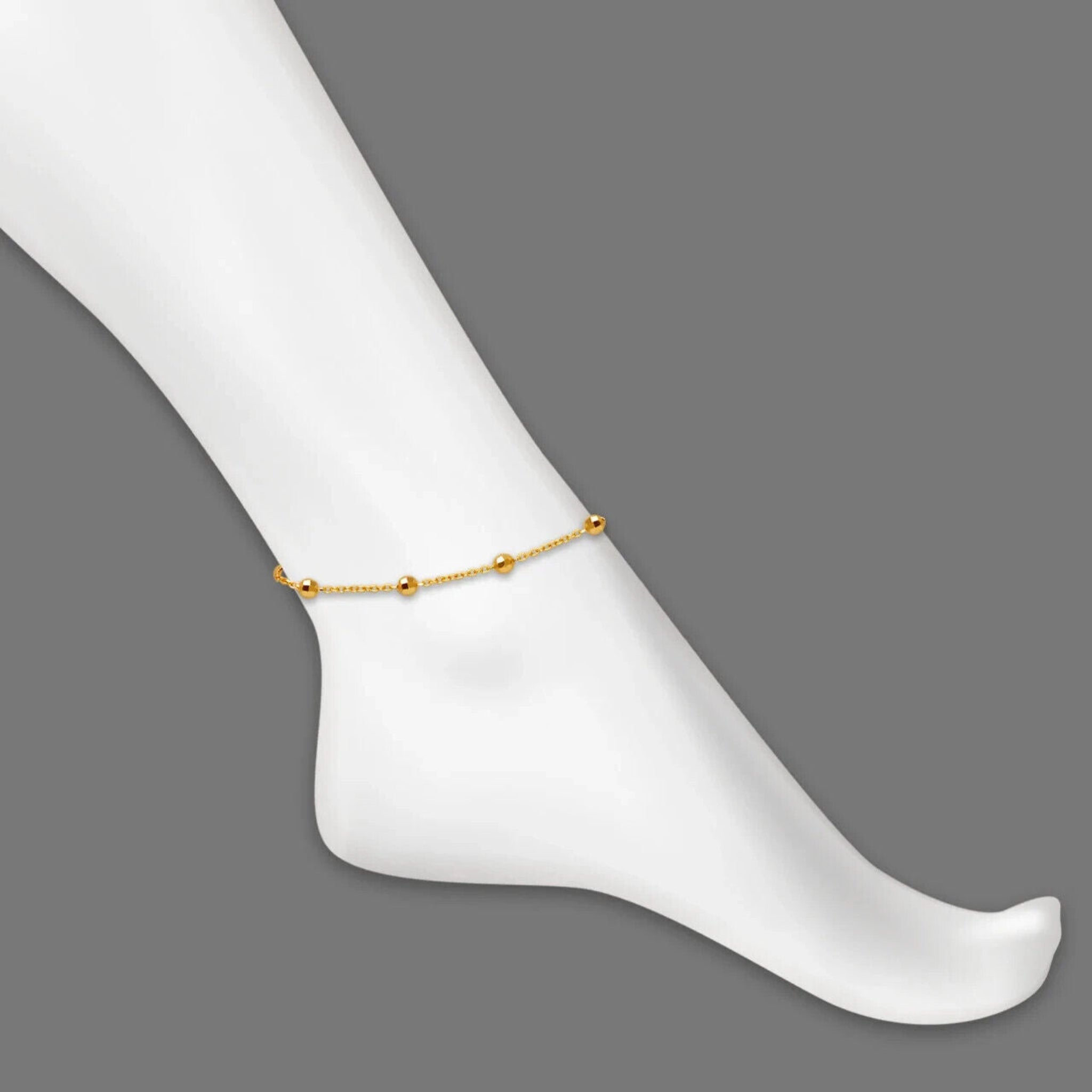 14K Gold Beaded Anklet – 10" Stationed Satellite Design, 4mm Beads