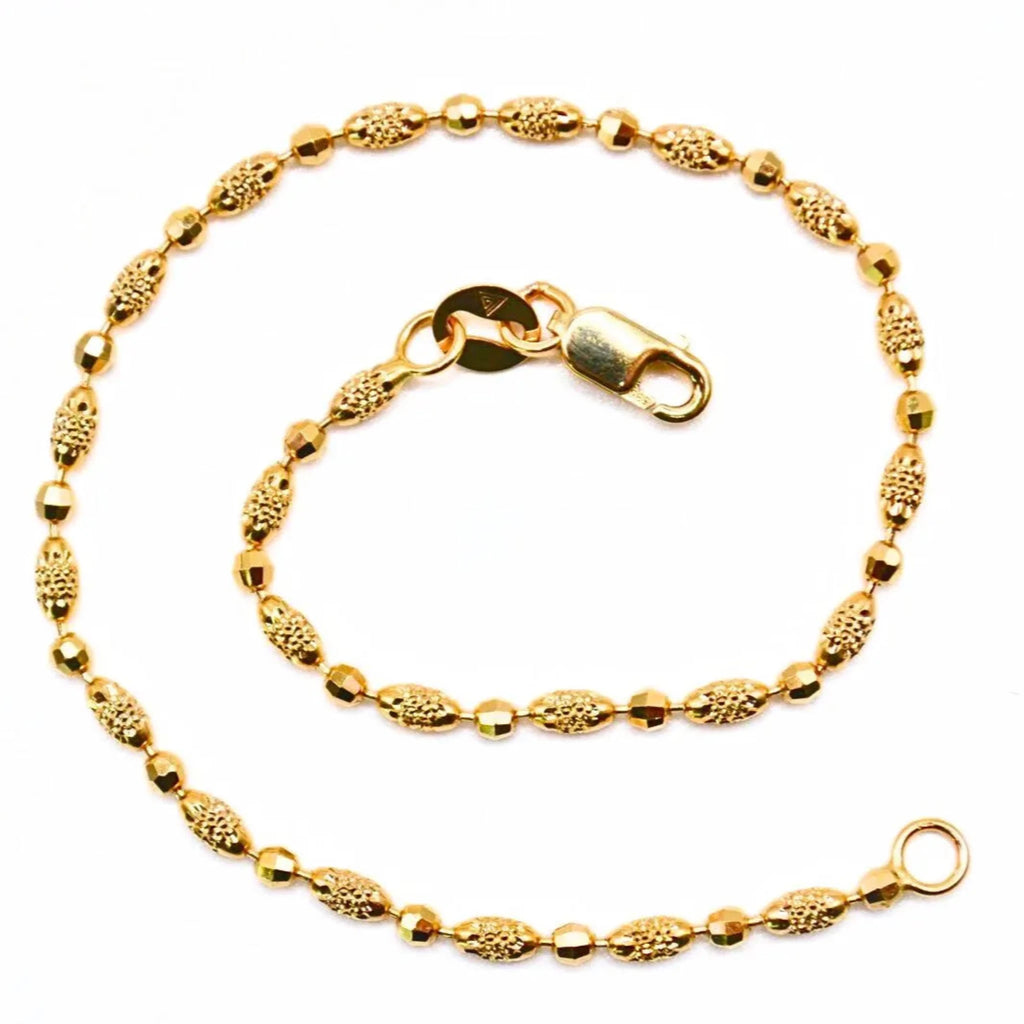 14K Gold Textured Bead Bracelet – 7" Polished & Matte Alternating Beads, 2mm