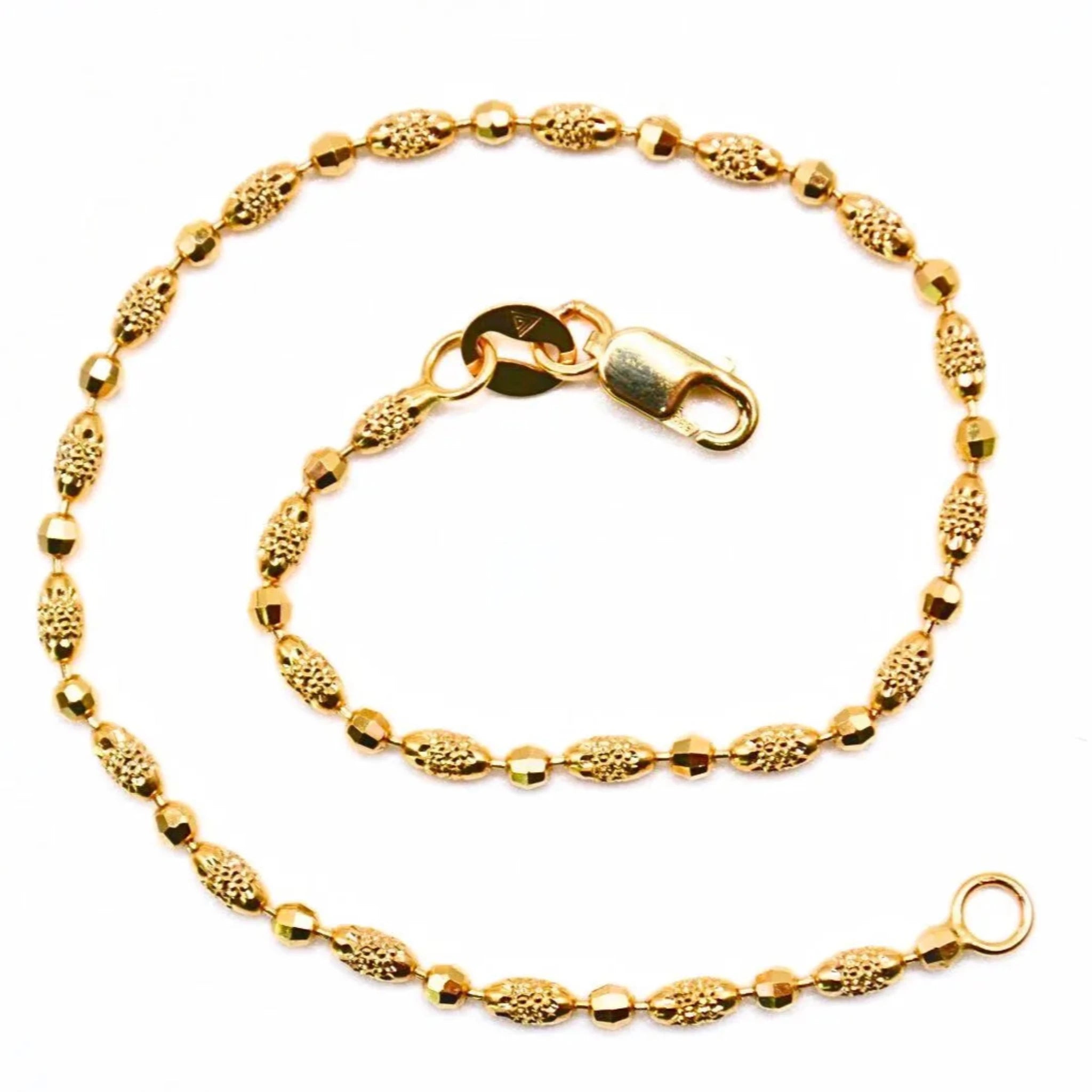 14K Gold Textured Bead Bracelet – 7" Polished & Matte Alternating Beads, 2mm