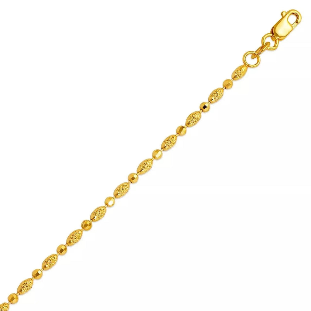 14K Gold Textured Bead Bracelet – 7" Polished & Matte Alternating Beads, 2mm