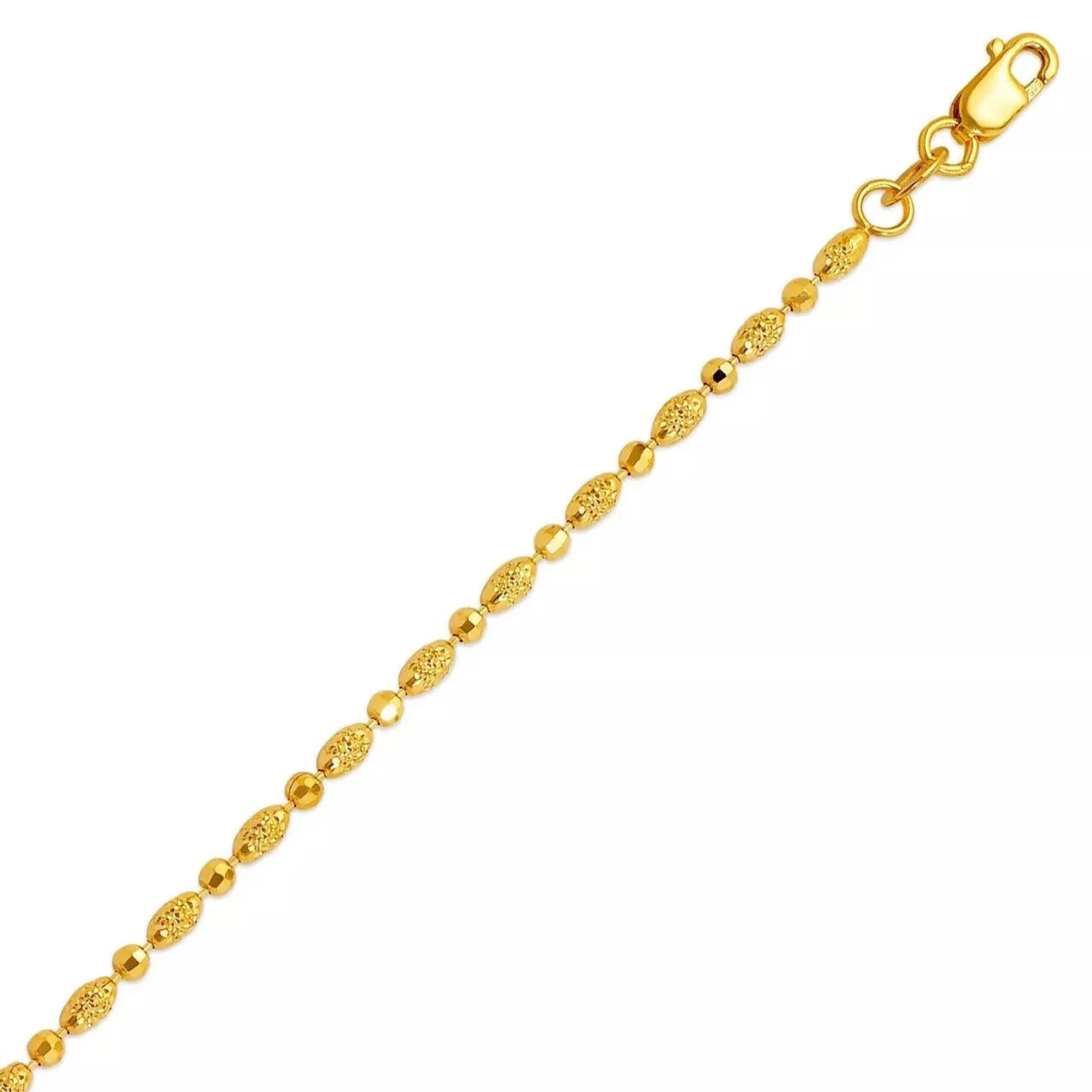 14K Gold Textured Bead Bracelet – 7" Polished & Matte Alternating Beads, 2mm