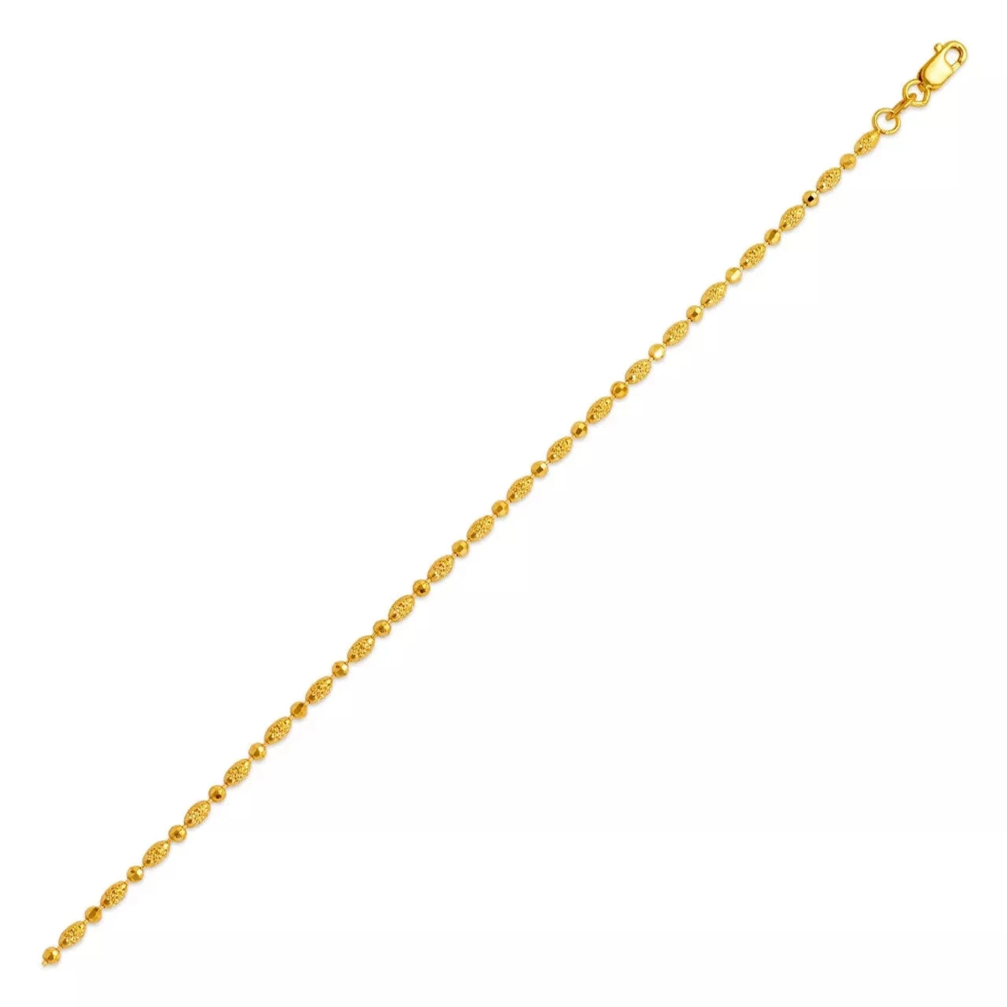 14K Gold Textured Bead Bracelet – 7" Polished & Matte Alternating Beads, 2mm